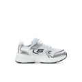 Kids' retro-style sneakers, white mesh upper with silver accents and black logo