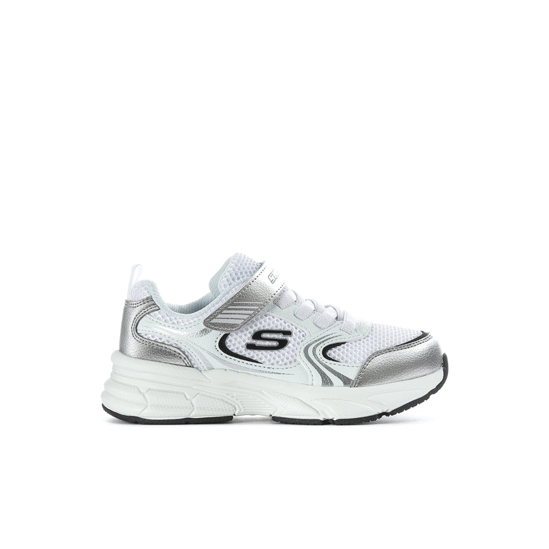 Kids' retro-style sneakers, white mesh upper with silver accents and black logo