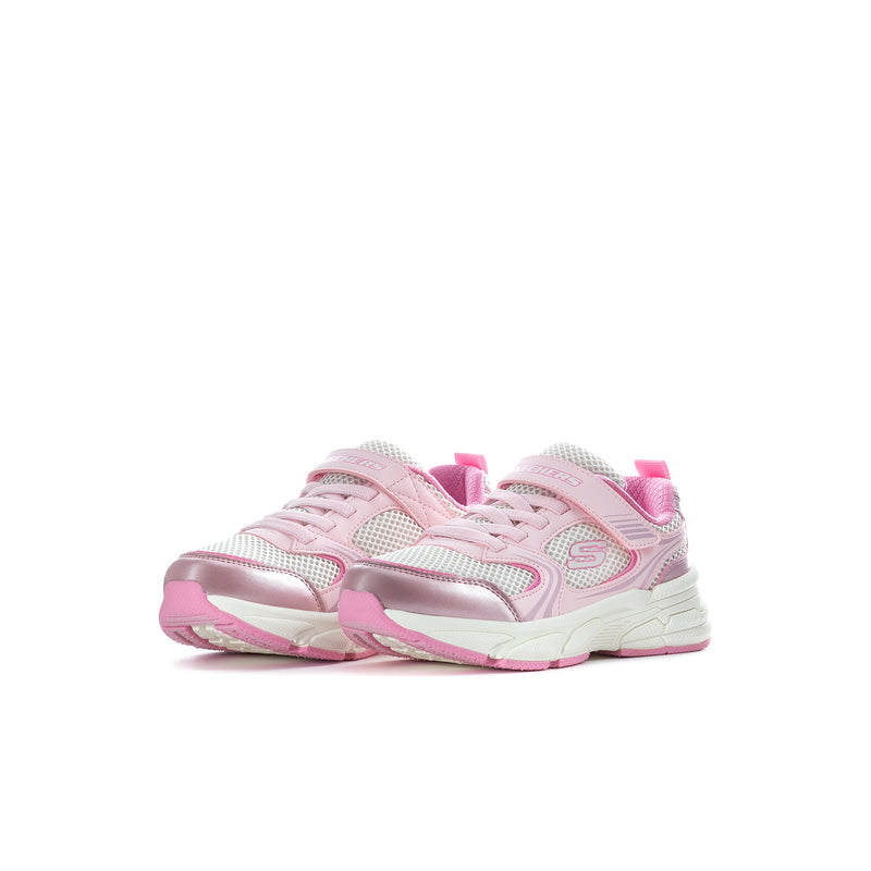 Kids retro sneakers pair, side view, pink-and-white mesh upper with padded collar
