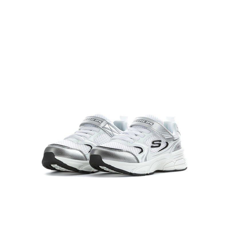 Kids' retro-style sneakers side view, white upper with black trim and chunky sole