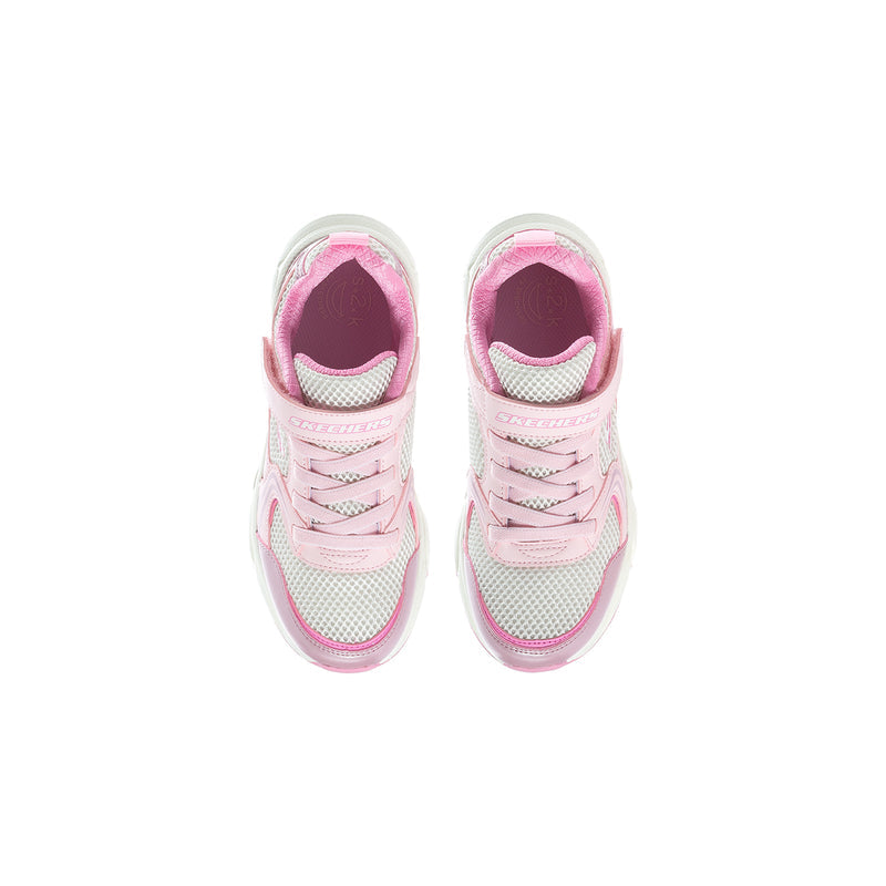 Kids retro sneakers front view, pink laces and white mesh with pink sockliner