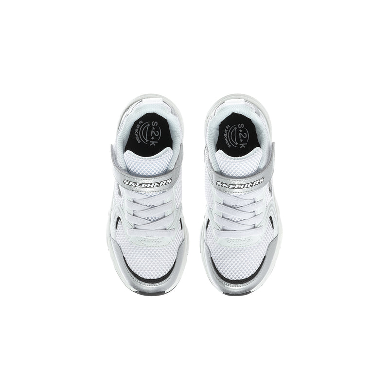 Kids' retro-style sneakers, white lace-up pair with cushioned tongue and logo
