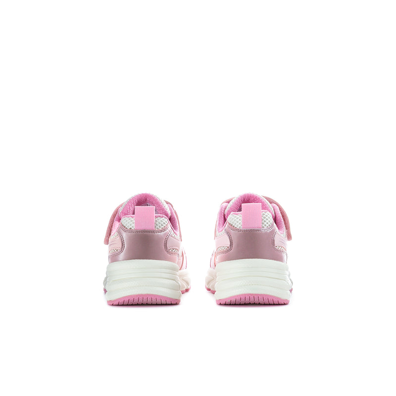 Kids retro sneakers heel view with pink heel tabs and cushioned white sole
