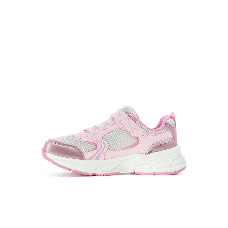 Kids retro running sneakers side profile in white and pink with textured overlays