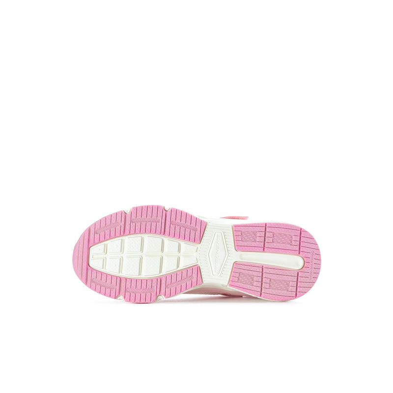 Kids retro sneaker outsole bottom view, pink tread and white midsole