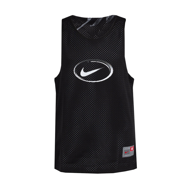 Youth reversible jersey, black sleeveless mesh with Nike oval swoosh logo.