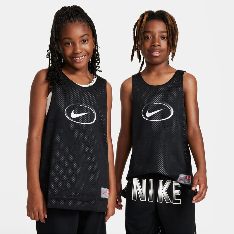 Youth reversible jersey, black sleeveless tank with Nike oval swoosh logo.