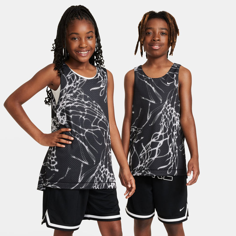 Youth reversible jersey, black sleeveless with white web graphic and Nike swoosh.