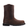 Men’s dark brown pull-on work boots with lace-up collar and thick lug sole