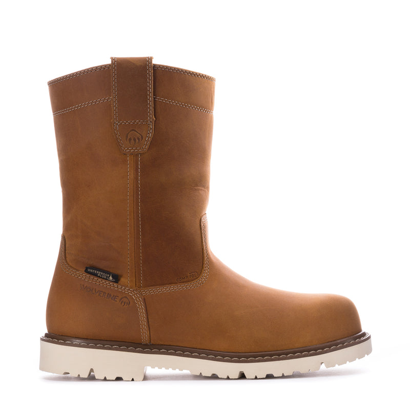 Wheat 10-inch pull-on work boots with composite toe and rugged tread sole