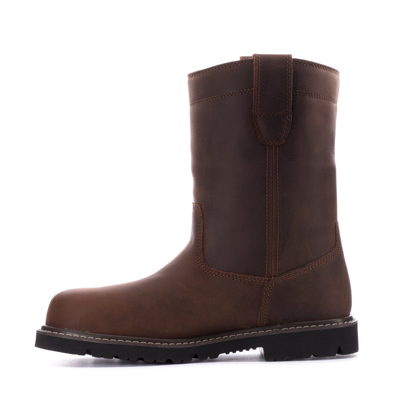 Men’s dark brown pull-on boots with stitched panel detail and rugged tread sole