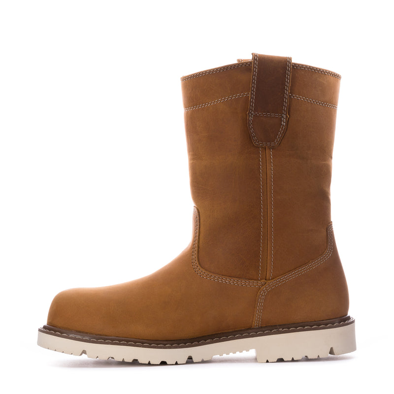 Wheat 10-inch pull-on work boot with side panel stitching and tread sole