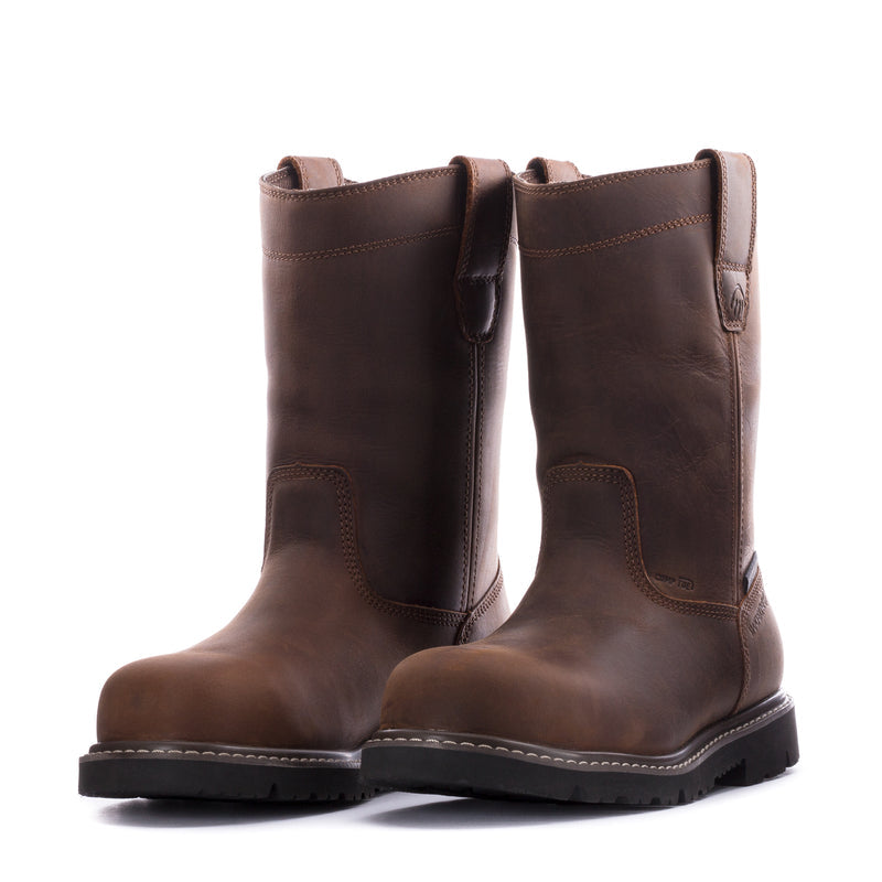 Pair of men’s dark brown pull-on work boots with pull tabs and cushioned collar