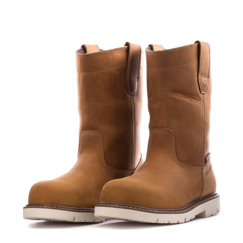 Pair of wheat 10-inch pull-on work boots with padded shaft and tread sole