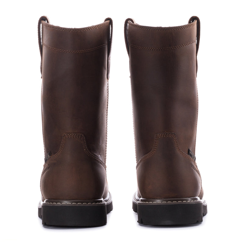 Men’s dark brown pull-on boots from the back with reinforced heel and lug sole