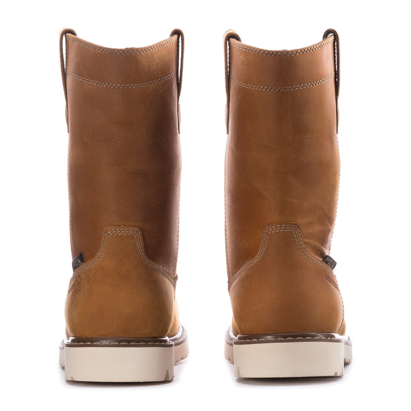 Wheat 10-inch pull-on work boots with rear pull tab and tread sole