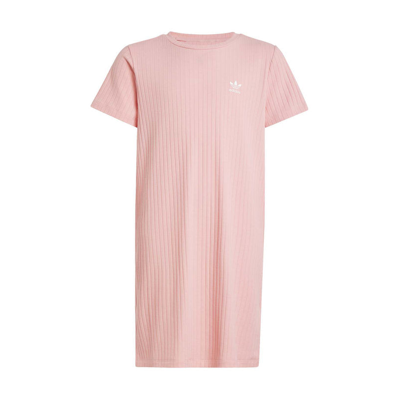 Youth ribbed knit dress, semi pink, short sleeves, crew neck front view