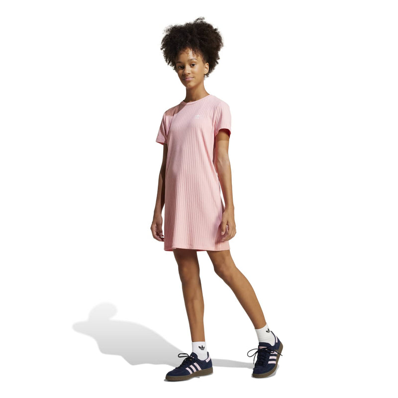 Youth ribbed knit dress, semi pink, short sleeves, relaxed A-line silhouette