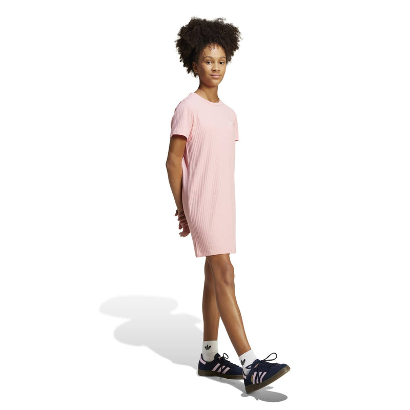 Youth ribbed knit dress, semi pink, crew neck, short sleeves, side view