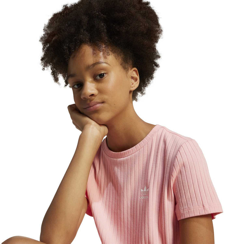 Youth ribbed knit dress close-up, semi pink crew neck and small logo badge
