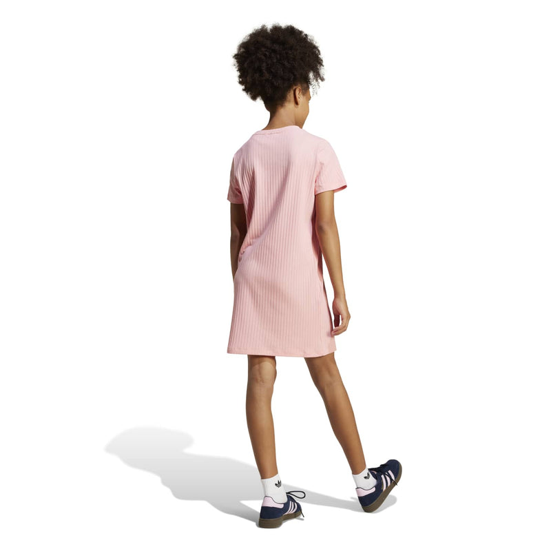 Youth ribbed knit dress, semi pink, short sleeves, ribbed rear view