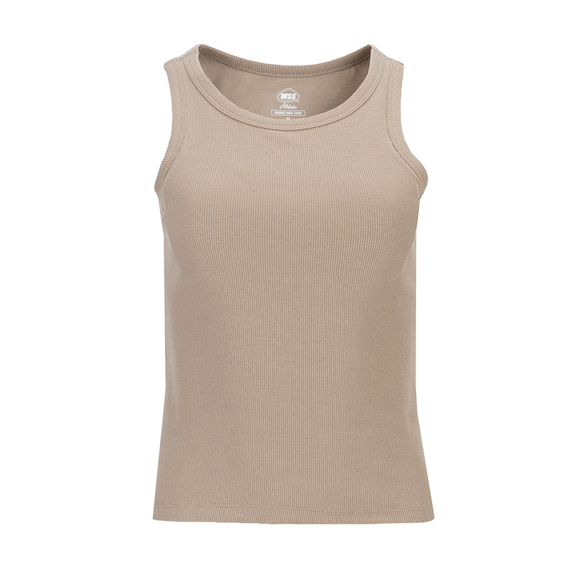Women's ribbed tank top in taupe, scoop neckline and sleeveless design