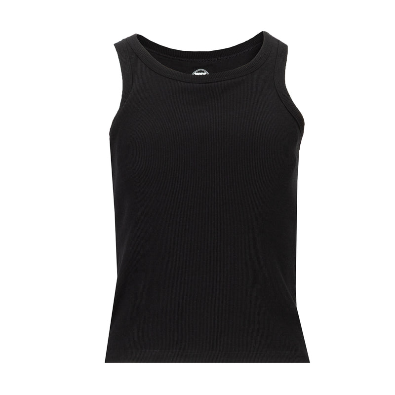Women's black ribbed tank top with sleeveless crew neck