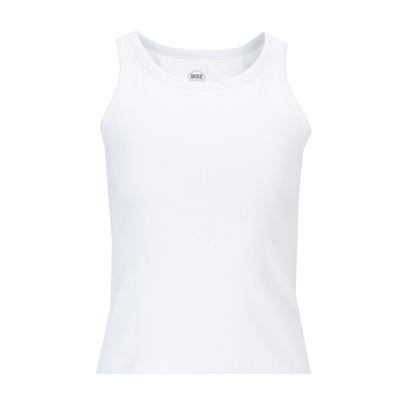 White ribbed womens tank top, sleeveless with crew neckline
