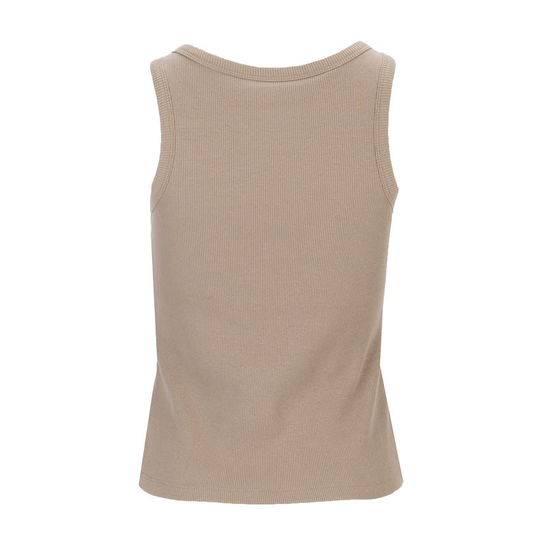 Women's ribbed tank top in taupe, crewback neckline with sleeveless ribbed knit