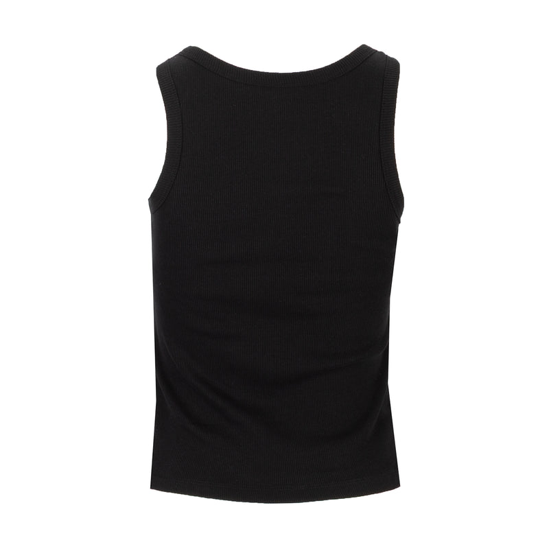 Women's black ribbed tank top, sleeveless back view