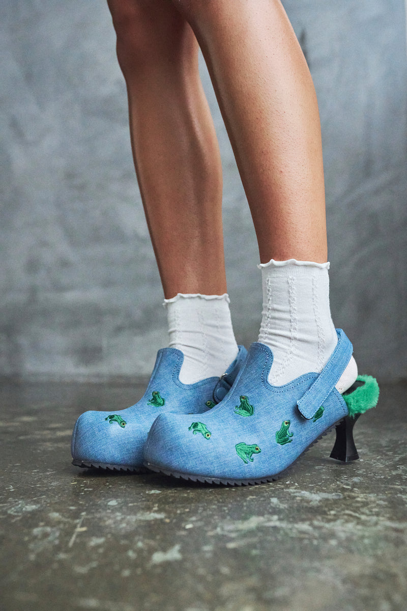 Ribbit Heeled Frog Mules- Denim - Model