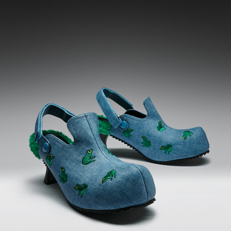 Ribbit Heeled Frog Mules- Denim - Front View