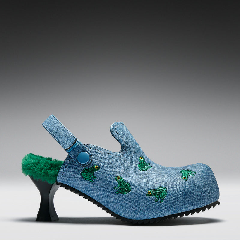 Ribbit Heeled Frog Mules- Denim - Right Side View