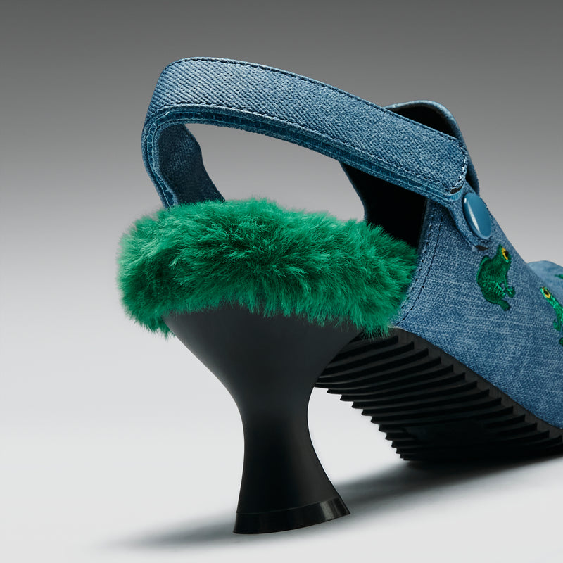 Ribbit Heeled Frog Mules- Denim - Heel View