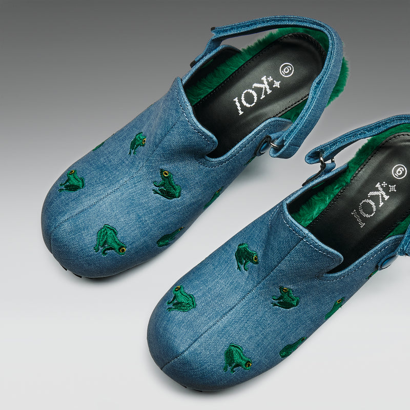 Ribbit Heeled Frog Mules- Denim - Top View