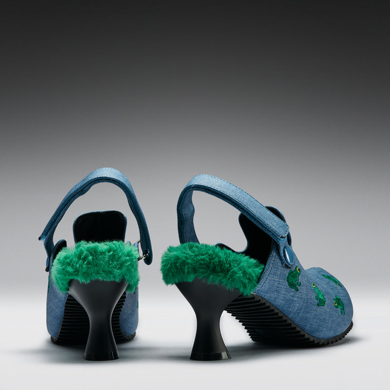 Ribbit Heeled Frog Mules- Denim - Back Side View