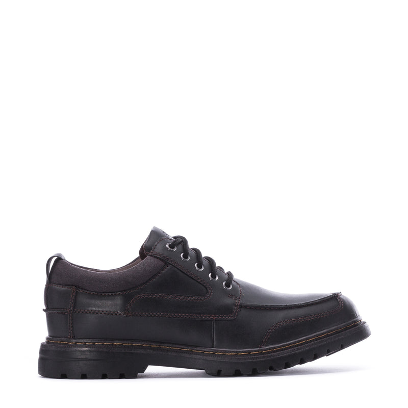 Men's black lace-up shoe with padded collar and textured rubber sole