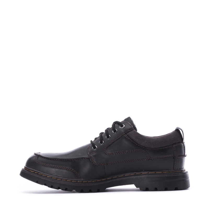 Men's black lace-up work shoe with contrast stitching and low-profile rubber sole