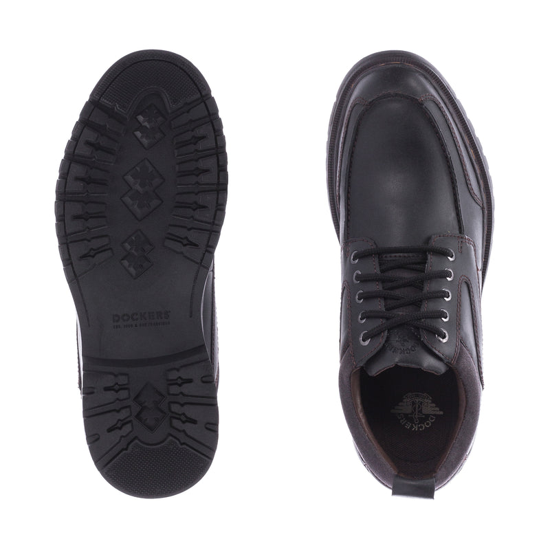 Men's black shoe outsole tread and top view of lace-up opening