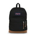 Black JanSport backpack front view with logo patch, front zip pocket, and tan base