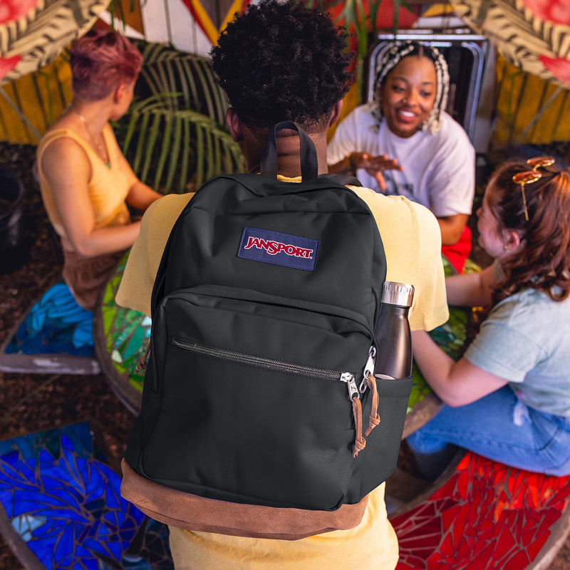 Black JanSport backpack with front zip pocket and logo patch; carried by person