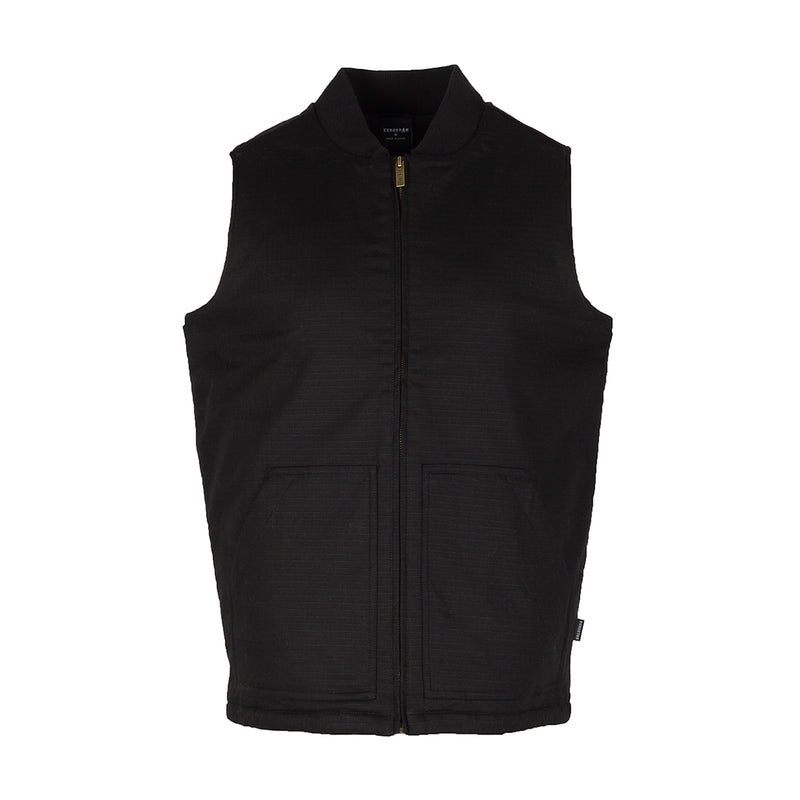 Black hooded ripstop vest with center front zipper and two front pockets