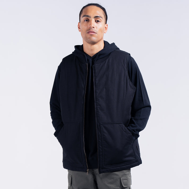Black mens hooded ripstop vest with full-zip front and two front pockets