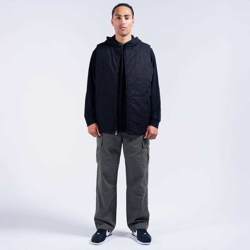 Black mens hooded ripstop vest, front zip closure and side hand pockets