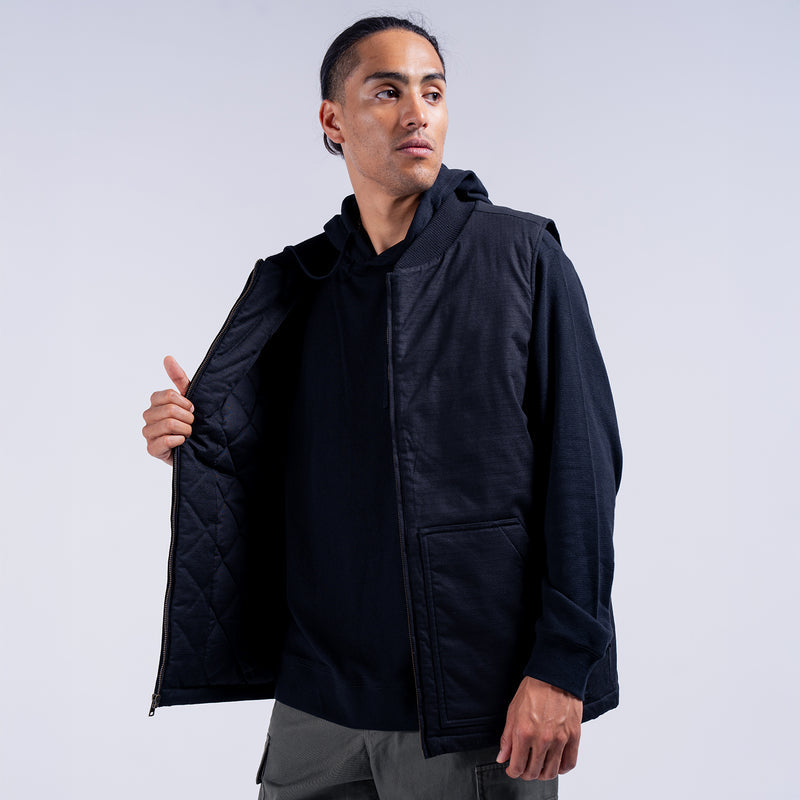 Black mens hooded ripstop vest with full-zip front, stand collar, and chest pocket