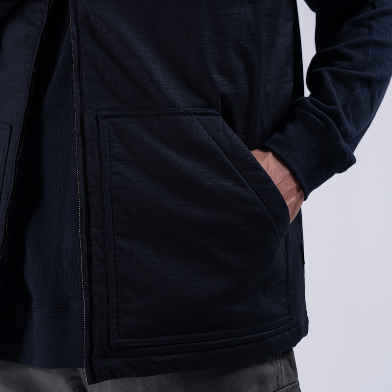 Black hooded ripstop vest with zip-front opening and front pouch pocket