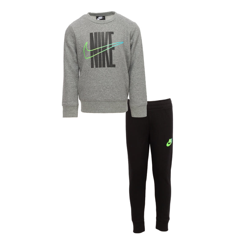 Toddler sweatshirt and jogger set, heather gray crew and black pants, Nike logo
