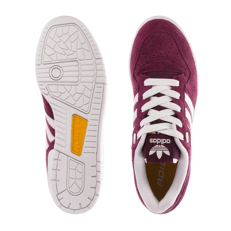 Men's burgundy low-top sneakers, outsole and inside view with white laces.