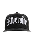 Black snapback cap with white front embroidered logo