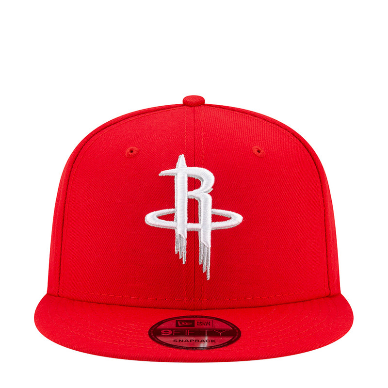 Red baseball cap with white embroidered front logo and curved brim